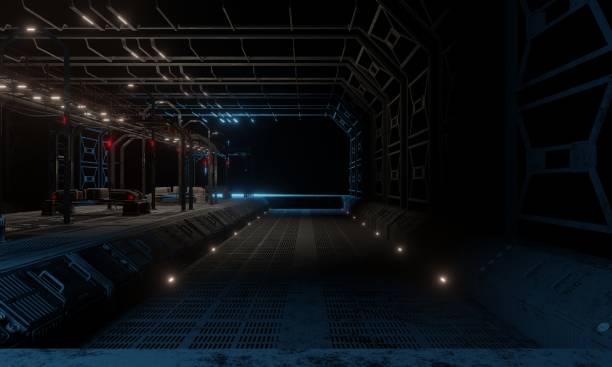istock Military base science fiction side view roof dome concept in dark scene 2203005564