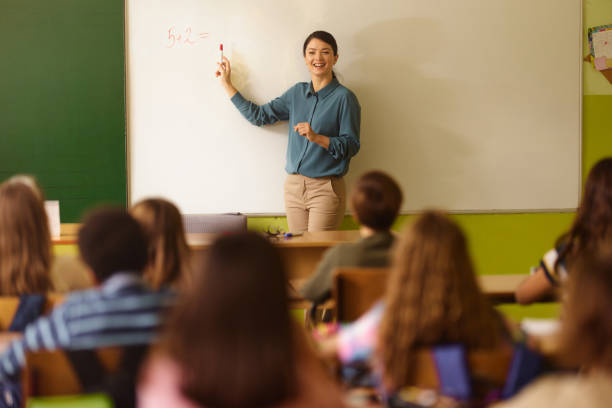 istock Happy female teaching mathematics on a class at elementary school. 2203009512