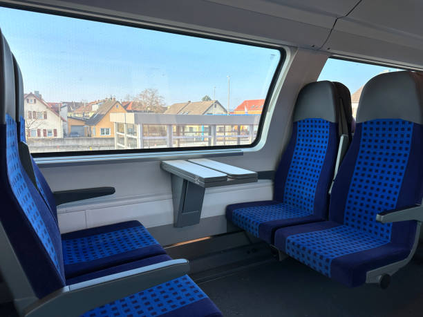 Empty seats inside a regional train with a view through the window in Europe.