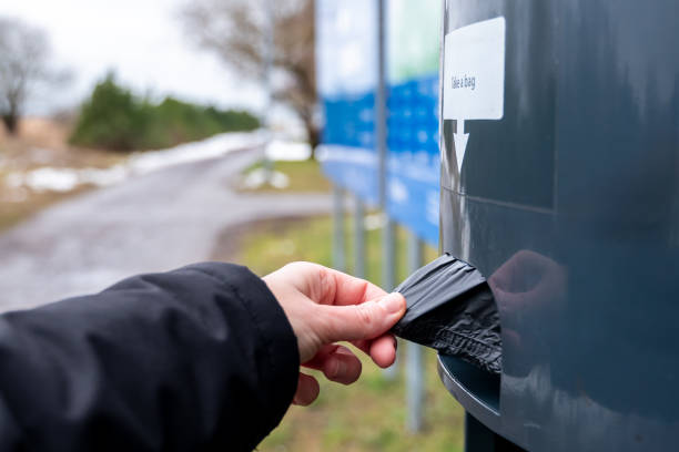 istock Hand taking dog waste bag from public dispenser in park 2203017223