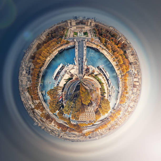 istock Aerial Paris as a micro planet in space. Sightseeing city panorama in shape o a globe with view to Seine river, Trocadero area and La Defense metropolitan district, France 2203018060