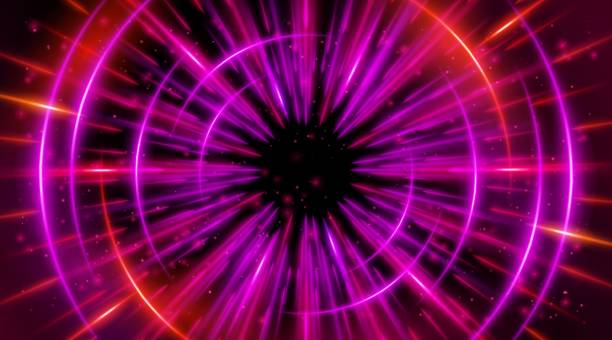 istock Futuristic abstract background with a radial burst of light and energy, dynamics emanating from the center. Speed. Red, purple and pink light rays emit and create glowing particle effects. 2203020355