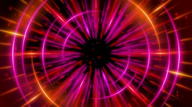 istock Futuristic abstract background with a radial burst of light and energy, dynamics emanating from the center. Speed. Blue, purple and pink light rays emit and create glowing particle effects. 2203020396