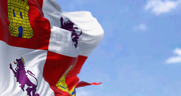 The Castile and Leon flag waving in the wind on a clear days