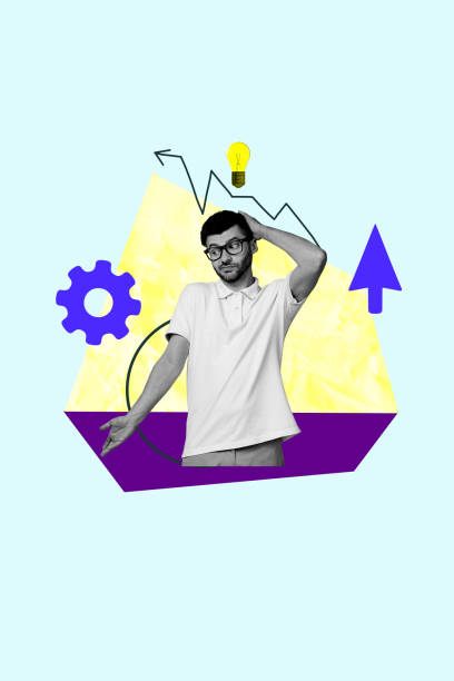 istock Vertical sketch 3d collage poster of confused businessman arrow development progress light bulb idea gears success unexpectedness 2203022008