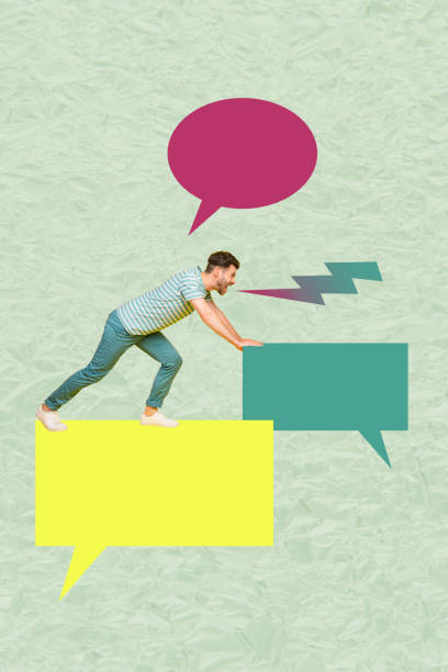 istock Poster image vertical photo collage of angry man push bubble icon communication chatterbox conversation cloud speech scream 2203022037