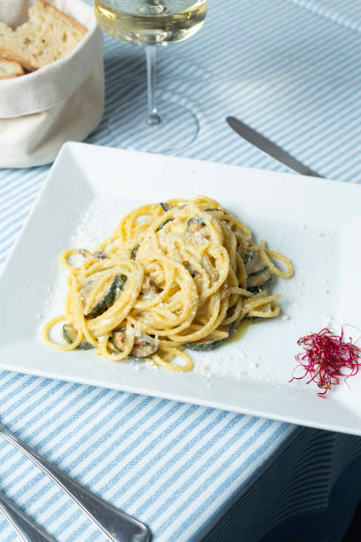 Spaghetti with zucchini Nerano style at the seaside restaurant