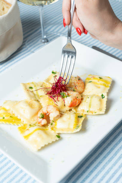 Ravioli stuffed with fish and shrimp at the restaurant