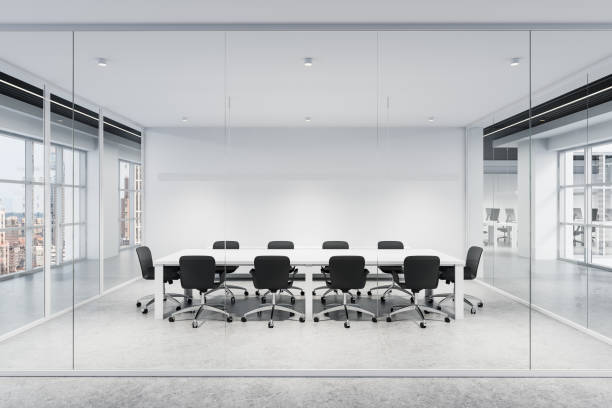 istock Modern conference room with glass walls and city view. 3D Rendering 2203027706