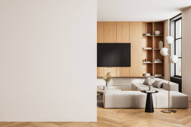 istock Modern interior with blank wall for mockup and cozy living space. 3D Rendering 2203028101