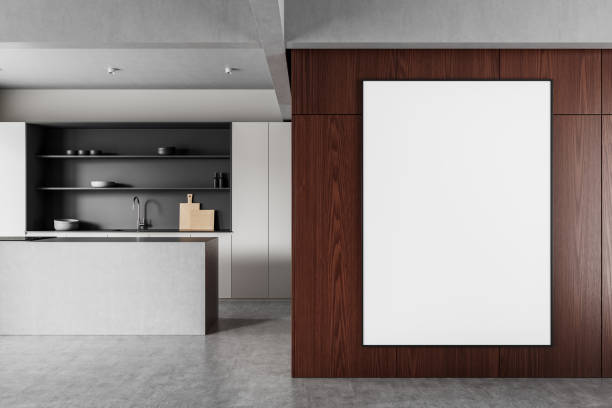 istock Blank poster mockup on wooden wall in modern kitchen interior. 3D Rendering 2203028256