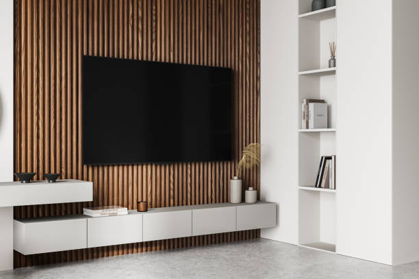 istock Modern living room interior with wooden panel wall and built-in TV. 3D Rendering 2203028859