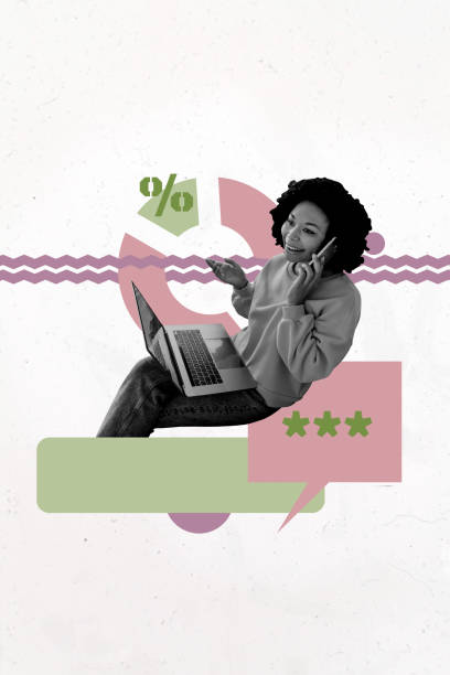 istock Template sketch composite artwork collage of young lady hold smartphone talk speech cloud laptop percent business worker hr employment 2203030052