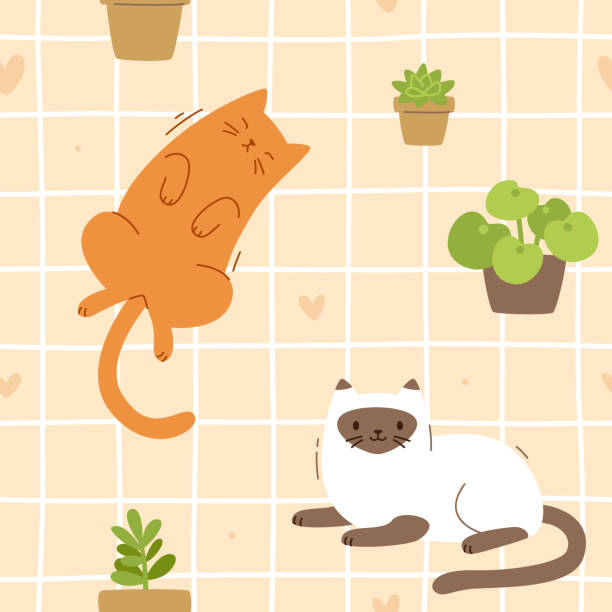 Checkered pattern with domestic cats and plants. Seamless vector print with pets and flower pots.