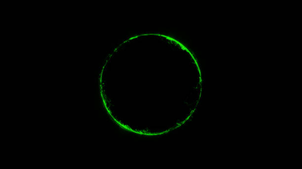 istock Digital energy core made of shiny green springs and particles. Magic sphere, futuristic bokeh orb on dark fantasy background. 2203031140