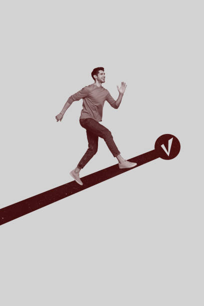 istock Composite image montage trend artwork 3D collage of target route graphics showing achievement direction point young man walk way venture 2203031142