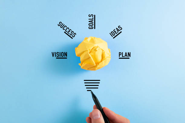 New business ideas and innovation concept with paper light bulb and business related words on blue background