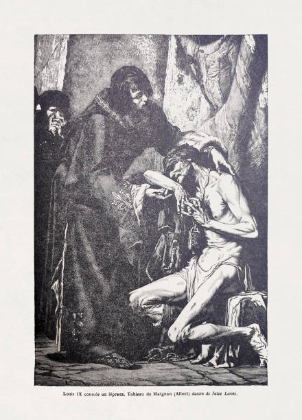 Illustration depicting Louis IX of France consoling a leper after a painting by Albert Maignan produced in 1878.