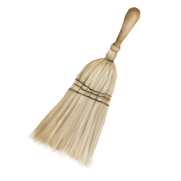 istock Home straw broom for cleaning. Watercolor digital illustration. Short broom with natural sorghum brushes isolated on white background. Cleaning tool for home, garden, office space. cleaning services. 2203047559
