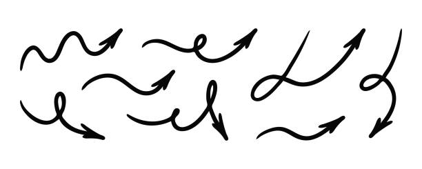 istock Squiggly arrow doodle set. Hand drawn vector line fun playful bounce icons, black jump thick motion design elements. Movement symbol 2203048799