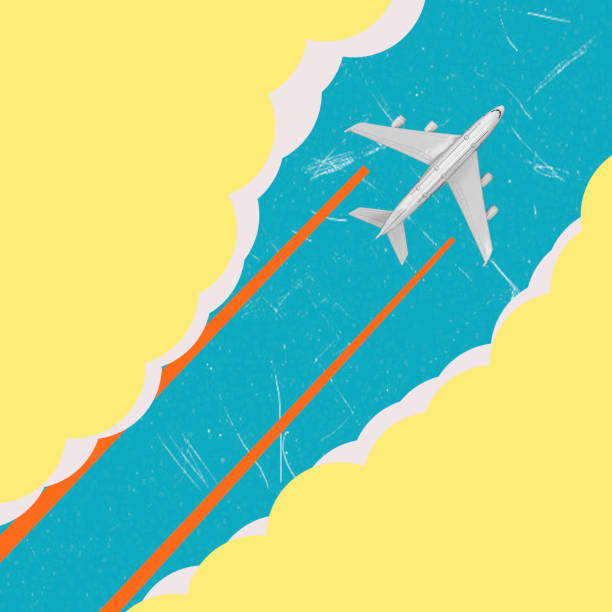 Modern art art collage featuring airplanes and clouds for copy space. Travel and tourism concept.