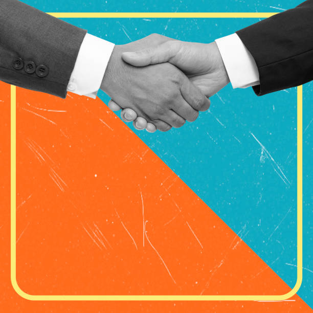 istock Contemporary art collage featuring handshake, friendship, and contract. 2203050433