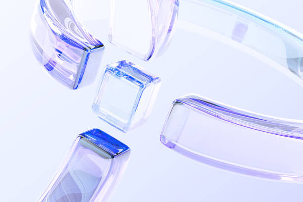 3d glass background with crystal cube and circle line pattern. Abstract bg with holographic transparent shapes and motion effect, blue purple light gradient. Modern render wallpaper. 3D illustration