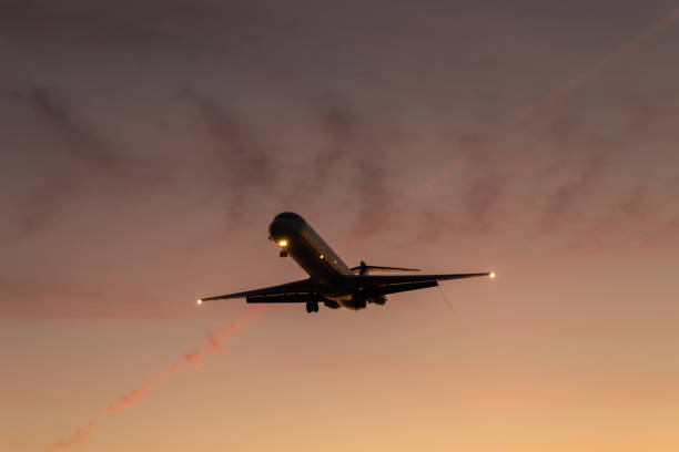 istock The plane in the sky is flying in the setting sun 2203053251