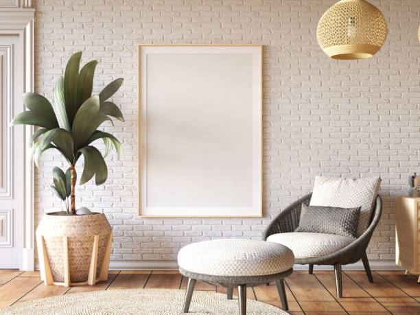 Modern Scandinavian Style Room with an Empty Mock Up Picture Frame on Brick Wall