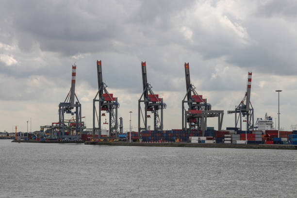 Cargo container ship at a container terminal in Rotterdam port, Netherlands