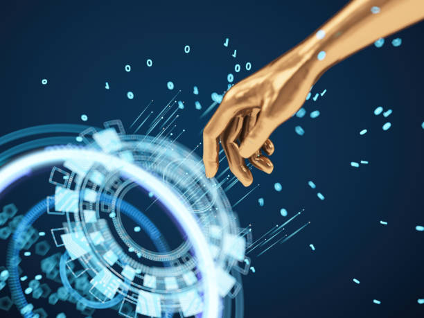 istock Golden Hand Touching a Digital HUD 2203060705