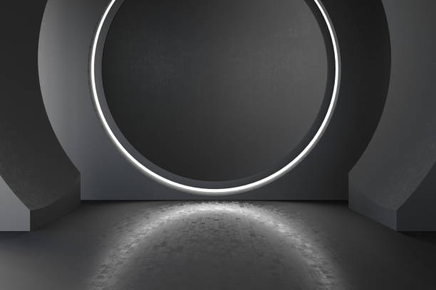 istock Round Shaped Black Concrete Wall with Lights and Columns 2203061048