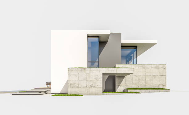 istock Flat roof house with parking and pool with concrete facade isolated on white 2203065276