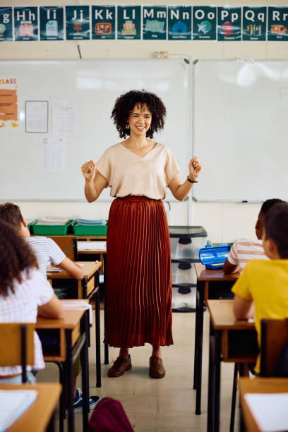 istock Elementary school teacher at front of class, smiling, gesturing to children 2203067271