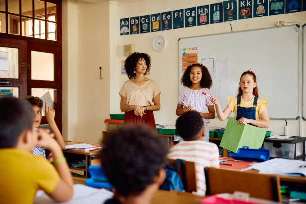 istock Two elementary schoolgirls giving school project presentation speech at front of class 2203067619