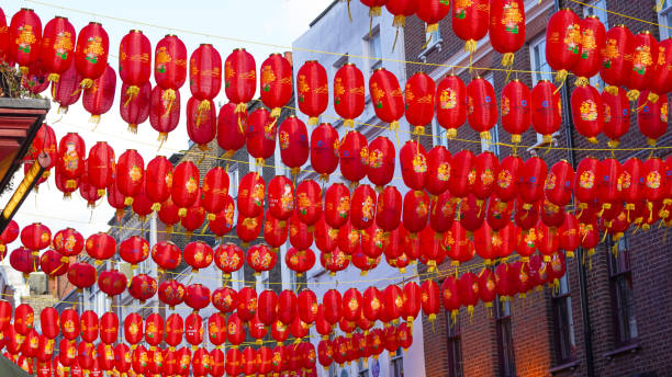 istock Symbolic Chinese red lanterns hanging in a row, representing prosperity 2203068661