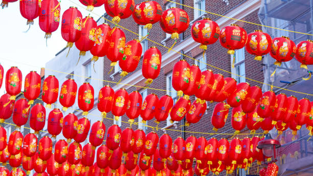 istock Symbolic Chinese red lanterns hanging in a row, representing prosperity 2203068691