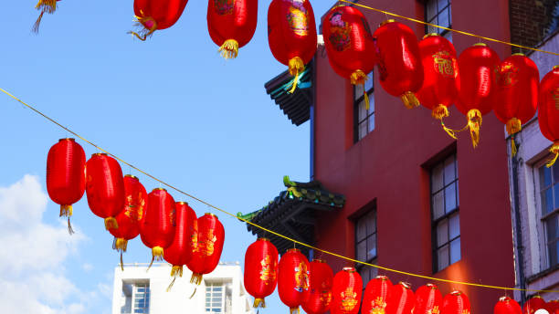 istock Symbolic Chinese red lanterns hanging in a row, representing prosperity 2203068748