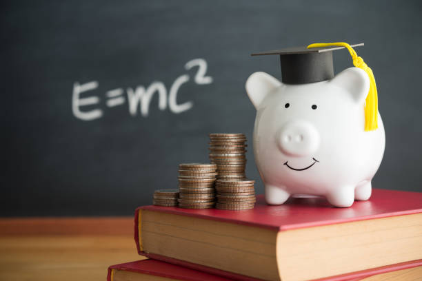 istock Piggy bank wears mortarboard, stack coins on textbook with chalkboard in classroom. 2203071191