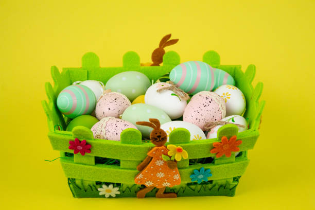 Colorful Easter eggs in a green basket on a yellow background. Easter Feast. High quality photo