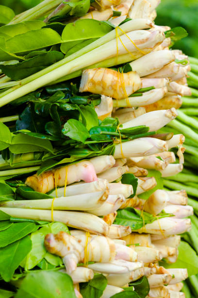 Many stacked bunches of lemongrass with yam root
