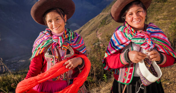 istock Peruvian women spinning wool by hand in Sacred Valley, Peru 2203074387