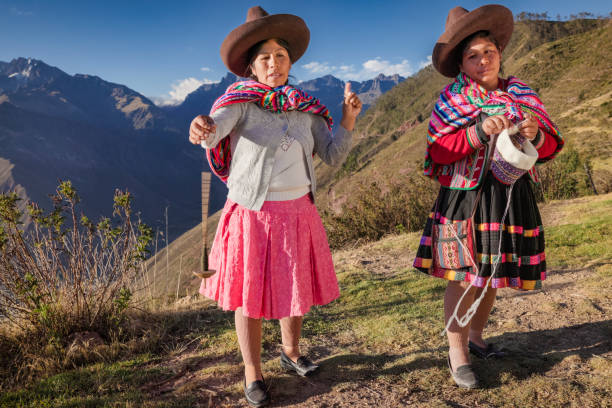 istock Peruvian women spinning wool by hand in Sacred Valley, Peru 2203075107