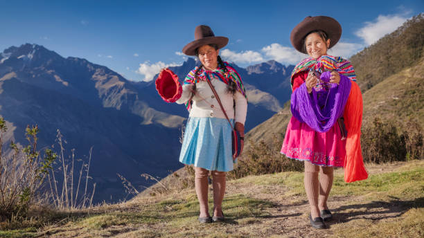 istock Peruvian women spinning wool by hand in Sacred Valley, Peru 2203075296