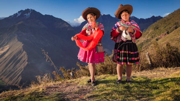 istock Peruvian women spinning wool by hand in Sacred Valley, Peru 2203075546