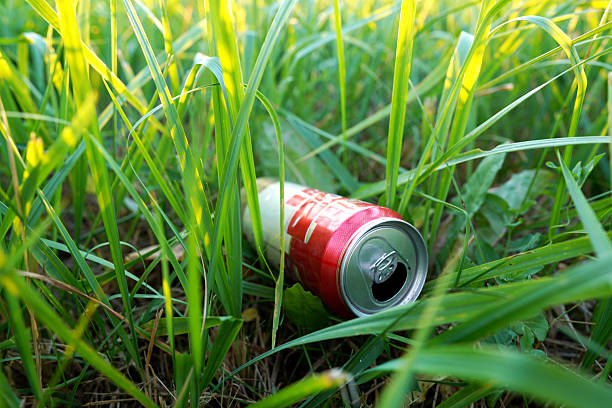 istock Soda can thrown away in grass. Garbage can in nature, reusable. Rubbish thrown in forest. 2203075676