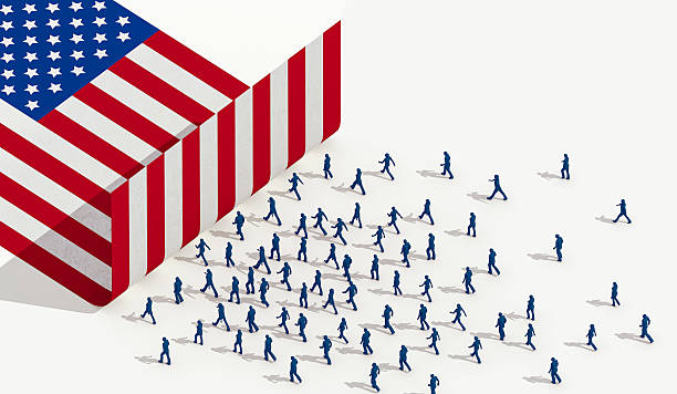 This is a concept illustration of a wall made of the US flag and the immigrants stopped by that flag. That represents hard measures a crackdown in the control of the immigration movement.