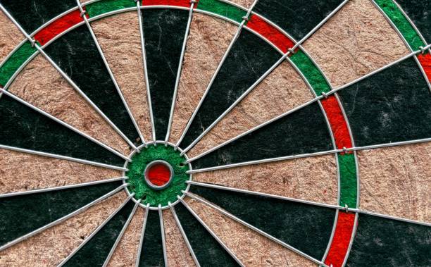 istock Close-up of dartboard showing scoring sections and bullseye 2203083703