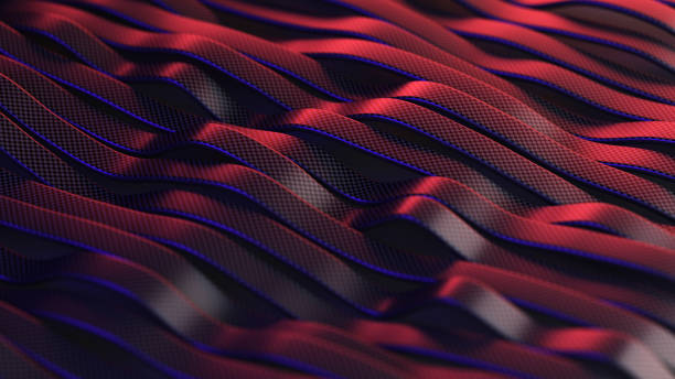 Black carbon fiber motion background. Technology wavy line with red neon glowing light 3d illustration.