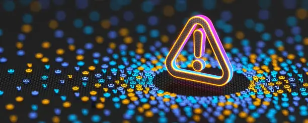 Photo of Exclamation mark and binary code background. Internet security. 3d illustration